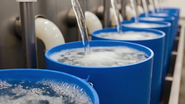 Close up turbulent water pouring into industrial blue plastic barrels in modern factory setting