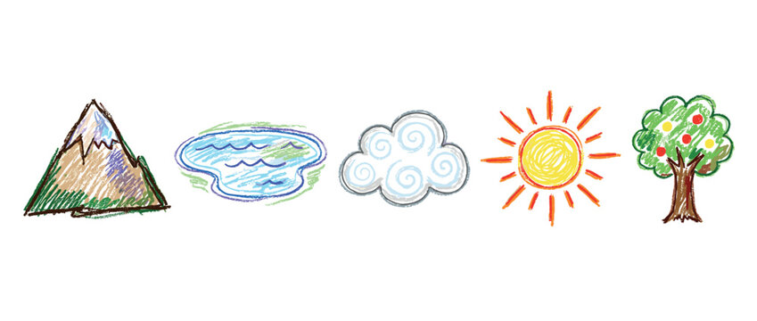 Nature elements icons set. Mountain, lake, cloud, sun, tree icons. Environment, ecology symbols. Childlike crayon drawing style