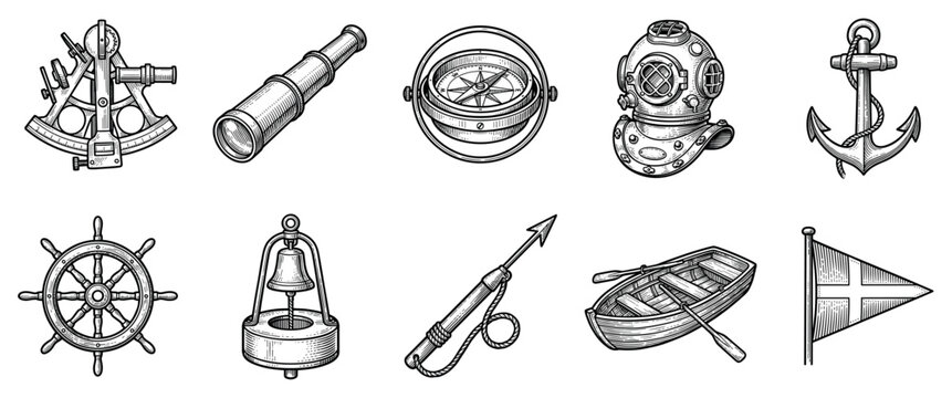 Nautical and marine icons set. Sea travel and adventure symbols. Sextant, telescope, compass, diving helmet, anchor. Ship wheel, buoy bell, harpoon, boat, flag. Vintage engraving style