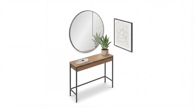 A console table with a plant and mirror hangs on a wall with artwork