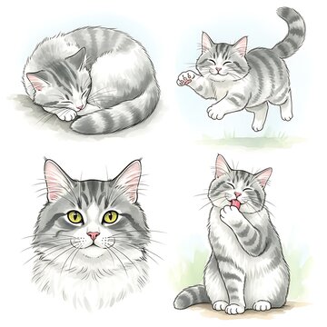 Four detailed illustrations of cats in various poses.