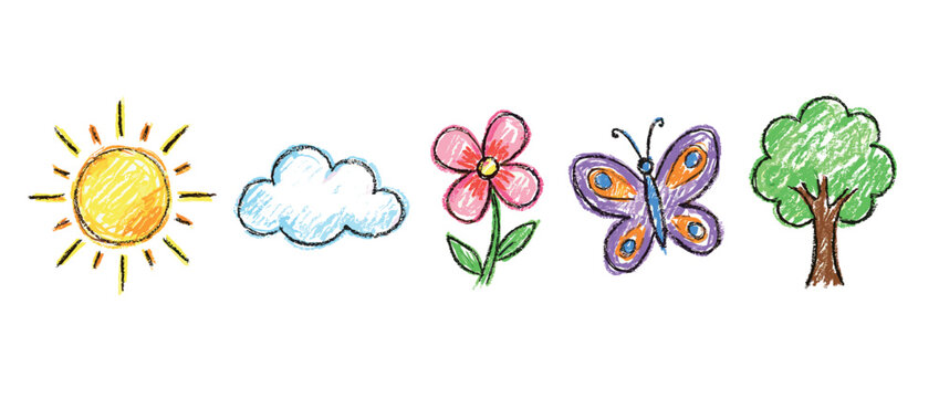 Nature elements icons set. Sun, cloud, flower, butterfly, tree symbols. Weather, spring, garden concepts. Hand-drawn doodle style