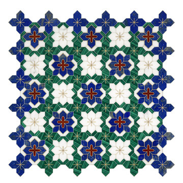 A luxurious geometric mosaic tile pattern composed of interlocking white and blue eight-pointed stars set within a green malachite lattice and accented with gold details.