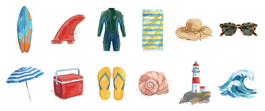 Summer beach vacation icons set. Surfboard, wetsuit, and beach accessories. Lighthouse, wave, and seashell. Watercolor doodle style