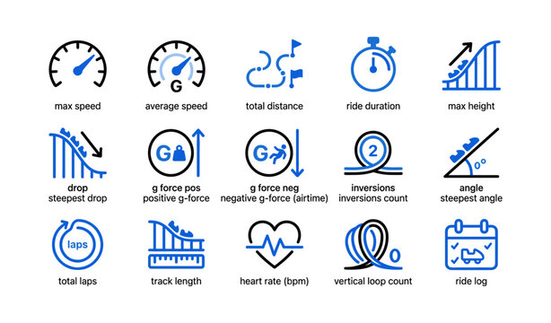 Rollercoaster metrics and g force icons on white background