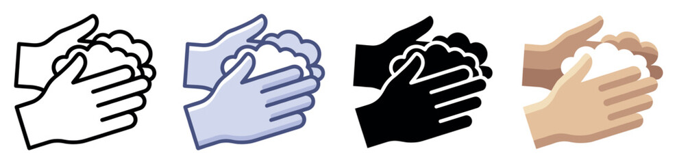Obraz premium Hand washing icons set. Hands with soap foam icon. Hygiene symbol. Cleanliness, health care sign. Washing hands line, color, solid, and flat style