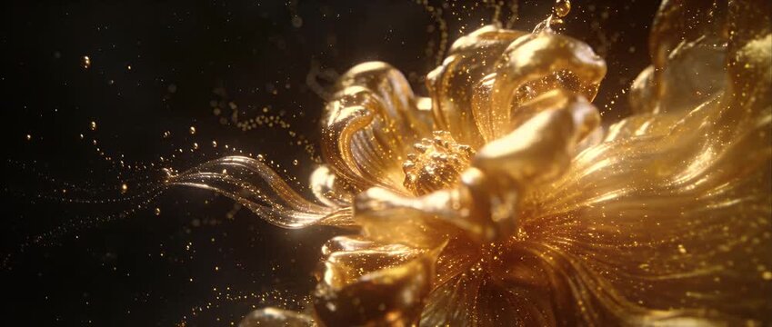 Liquid Gold abstract liquid gold flower bloom shimmer delicate petal glow luxury art fantasy sparkle motion elegant surreal dreamlike energy wave swirl particle dark background fluid organic shape