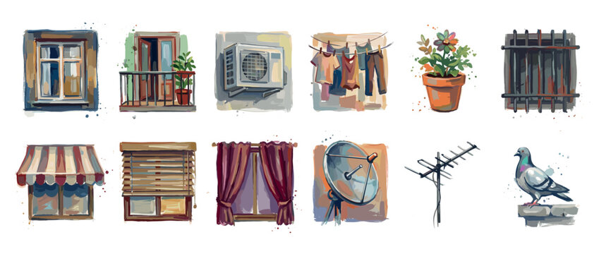 City life elements icons set. Urban environment symbols. Window, balcony, air conditioner, laundry, potted flower, security bars. Awning, blinds, curtains, satellite dish, antenna, pigeon