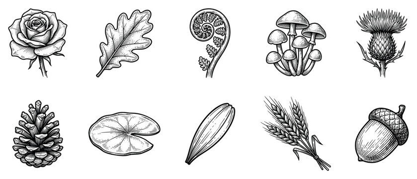 Nature elements icons set. Botanical symbols. Rose, oak leaf, fern, mushrooms, thistle. Pine cone, lily pad, wheat, acorn. Engraved black and white style