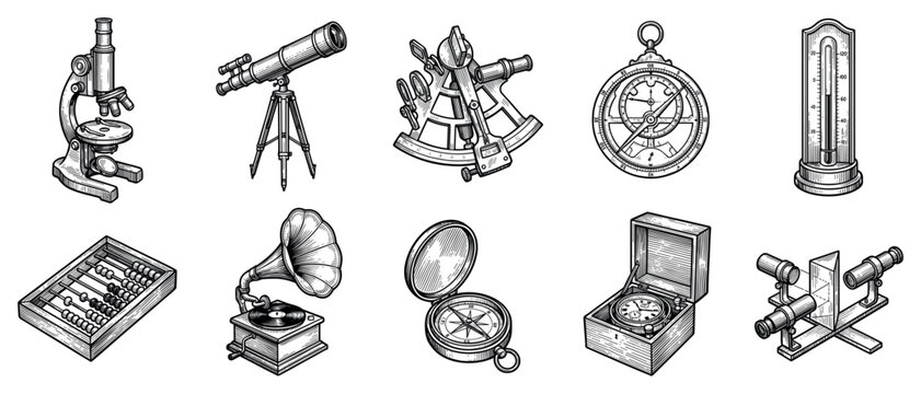 Old scientific instruments icons set. Vintage science and measurement tools. Microscope, telescope, sextant, compass, thermometer. Engraving style