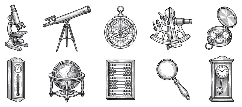 Vintage science and navigation tools icons set. Old instruments for discovery. Microscope, telescope, compass, sextant, abacus. Engraving style