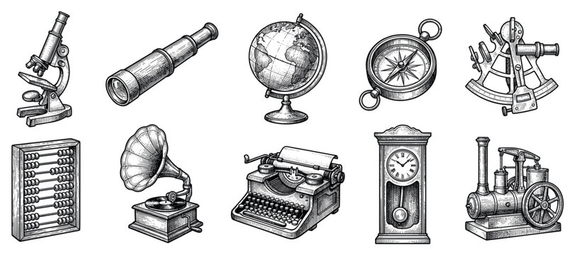 Vintage objects icons set. Retro science and technology symbols. Microscope, telescope, globe, compass, sextant, abacus, gramophone, typewriter, clock, steam engine. Engraving style