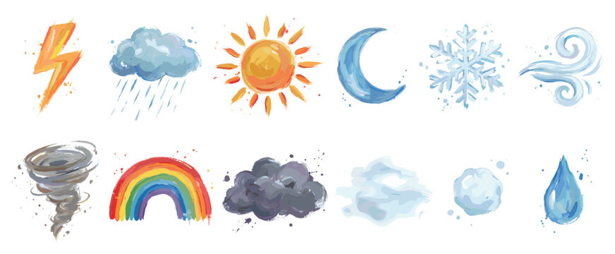 Weather forecast icons set. Weather symbols for meteorology. Sun, cloud, rain, lightning, snow, wind. Rainbow, tornado, fog, hail, water drop watercolor style