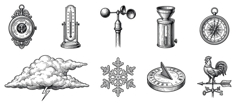 Weather and meteorology icons set. Weather forecast tools and symbols. Barometer, thermometer, anemometer, rain gauge. Compass, cloud, snowflake, sundial, weathervane. Engraved vintage