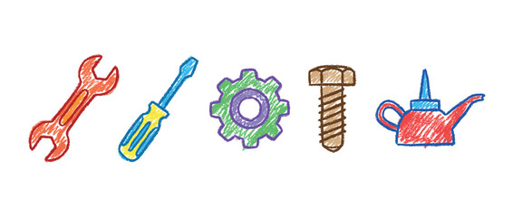 Repair tools icons set. Wrench, screwdriver, gear, bolt, and oil can. Maintenance and fixing symbols. Hand-drawn doodle style © eclipse