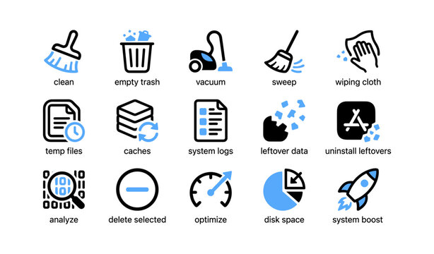 System cleanup and maintenance icons displayed on white background