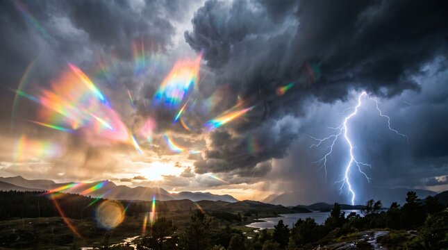 Stormy weather with lightning and rainbow lens flares in the sky