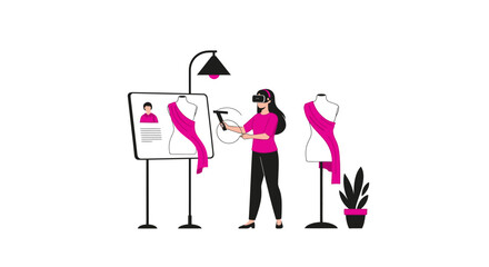 Fototapeta premium Virtual Reality Fashion Design Concept: Woman Designer in VR Headset Creating Clothes Using Digital Tools and Mannequins