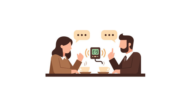 Speed Dating and Business Networking Concept Illustration with Professional Man and Woman Having Timed Conversation over Coffee