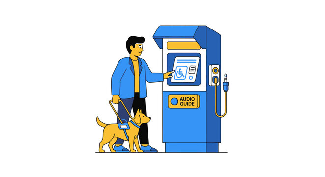 Blind Man with Guide Dog Using Accessible Information Kiosk with Audio Guide Feature Illustration