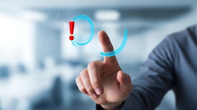 Business pressing virtual warning alert button on futuristic digital interface closeup of hand
