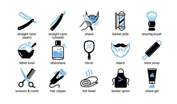 Barber and shaving tools arranged in a labeled grid layout