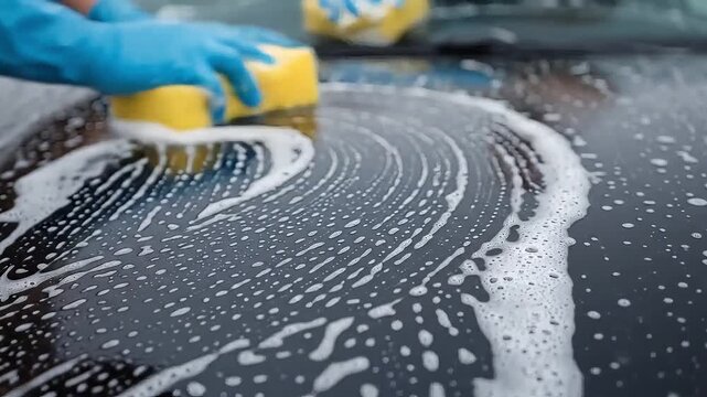 Hands in blue rubber gloves washing and scrubbing dark car surface with yellow sponge and soapy