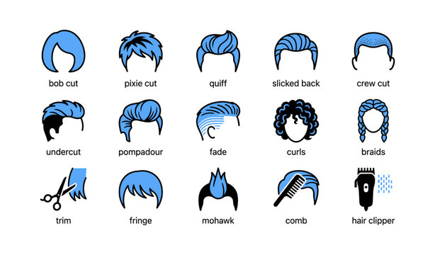 Hairstyles and grooming icons arranged in labeled grid layout