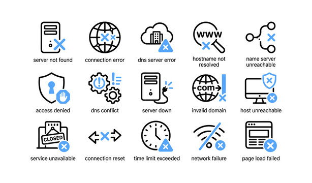 Network server error icons showing failures on white background