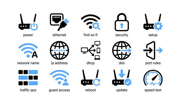 Network and router icons showing settings on white background