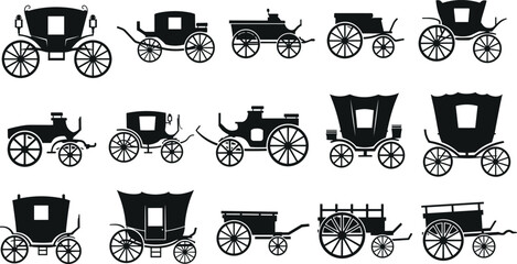 Vintage horse carriage silhouette vector set with royal princess coach wooden wagon retro transport icons isolated on white background © MDMAHABUR