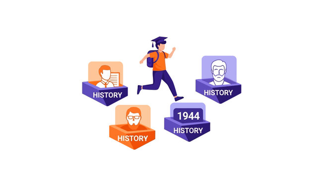 Student Exploring History Concept with Historical Figures and 1944 Timeline Milestone Illustration