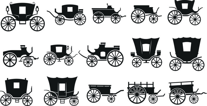 Vintage horse carriage silhouette vector set with royal princess coach wooden wagon retro transport icons isolated on white background