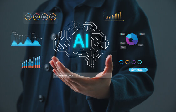 Artificial intelligence analytics concept with hand presenting AI brain interface and data visualization dashboard, machine learning, big data analysis, automation, and digital business insights.
