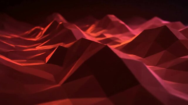 Abstract low poly landscape with warm lighting creates a dramatic scene or Stylized polygonal terrain animation in red and orange hues generates a futuristic background