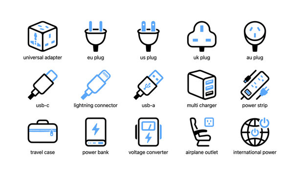 Power and charging icons showing plugs adapters and travel accessories