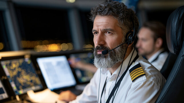 Air traffic controller civil servant at radar console guiding summer holiday weekend travel volume in darkened facility while assistant marks sector positions on laminated chart .ultra photorealism,