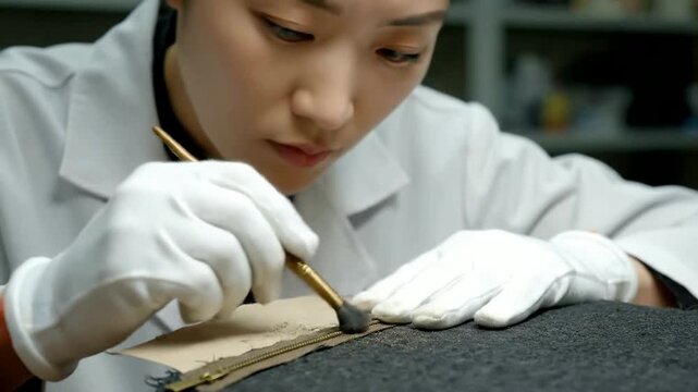 Asian woman restoring antique textile with a brush in workshop or Craftsman meticulously cleaning vintage fabric with fine brush at restoration studio
