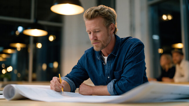 Architect volunteer reviewing accessible design modifications for disability nonprofit facility with building committee, rolled blueprints on conference table, warm overhead lighting, skilled profes