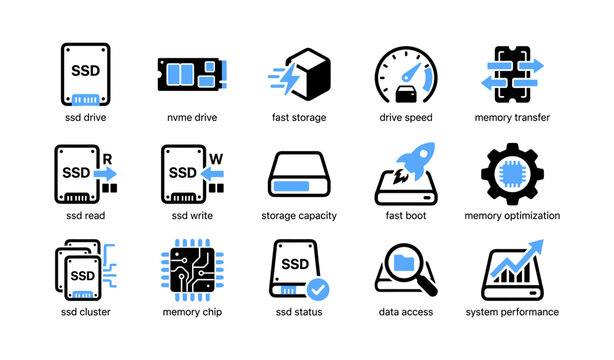 Solid state drive icons illustrating storage functions and performance
