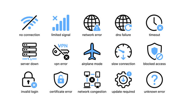 Network error icons displayed in a grid on white background