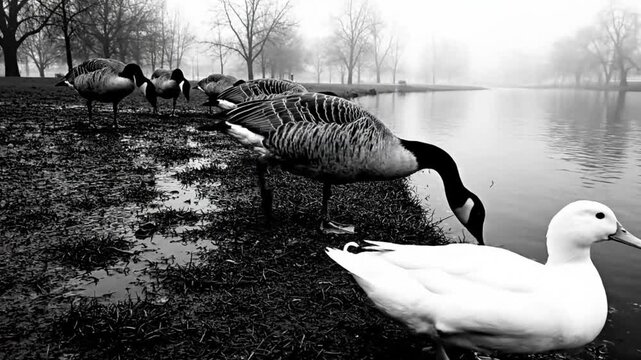 Black and white view of geese and ducks by the lake on a misty winter day with bare trees