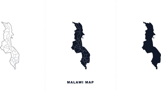Set of malawi maps showing administrative districts and country outline