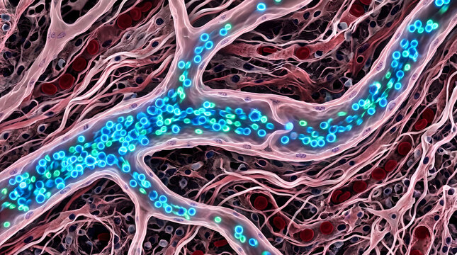 Dermal capillary lymphatic system. White blood cells microvascular circulation. Skincare dermatology biotechnology concept