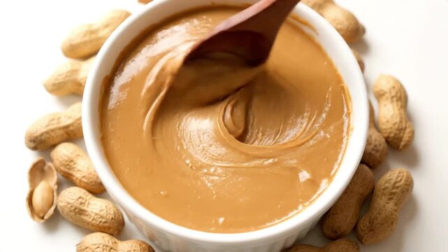 Creamy peanut butter being stirred with a wooden spoon in a white ceramic bowl surrounded by raw whole peanuts in this smooth motion video clip animation