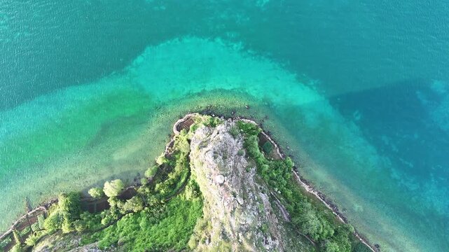 Top Down Drone View of Lin Peninsula Surrounded by Lake Ohrid Albania