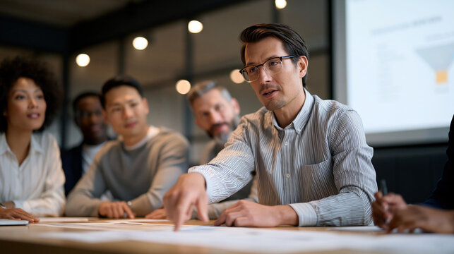 Multicultural group of adult learners gathers around a projected sales enablement platform training module in a modern office breakroom, one participant pointing at a conversion funnel graphic while