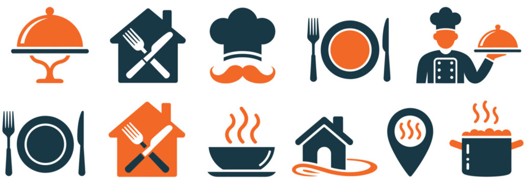 Restaurant Food Kitchen Icon Set, vector illustration collection of cooking utensils, chef tools, dining elements, and culinary symbols for restaurant menu and food service design.