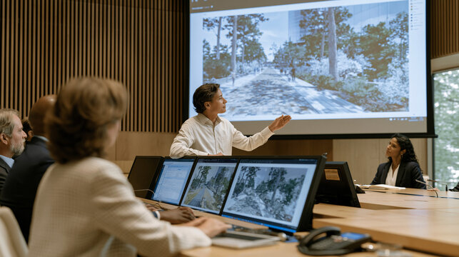 Urban sustainability consultant presenting AI planning scenario models to city council subcommittee, projection showing pedestrian zone redesign simulations, formal meeting room, multicultural panel