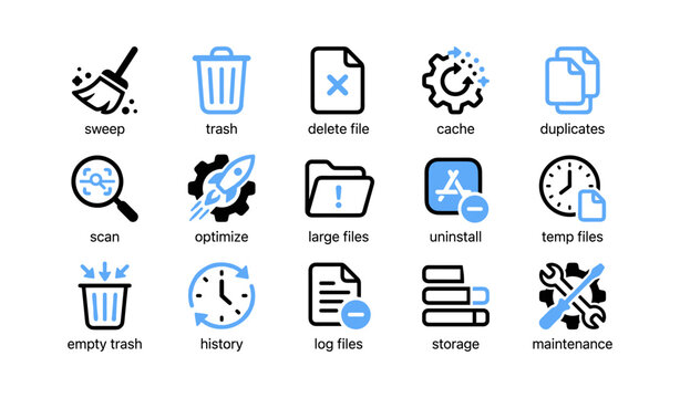 System cleanup and maintenance icons for file and storage tasks